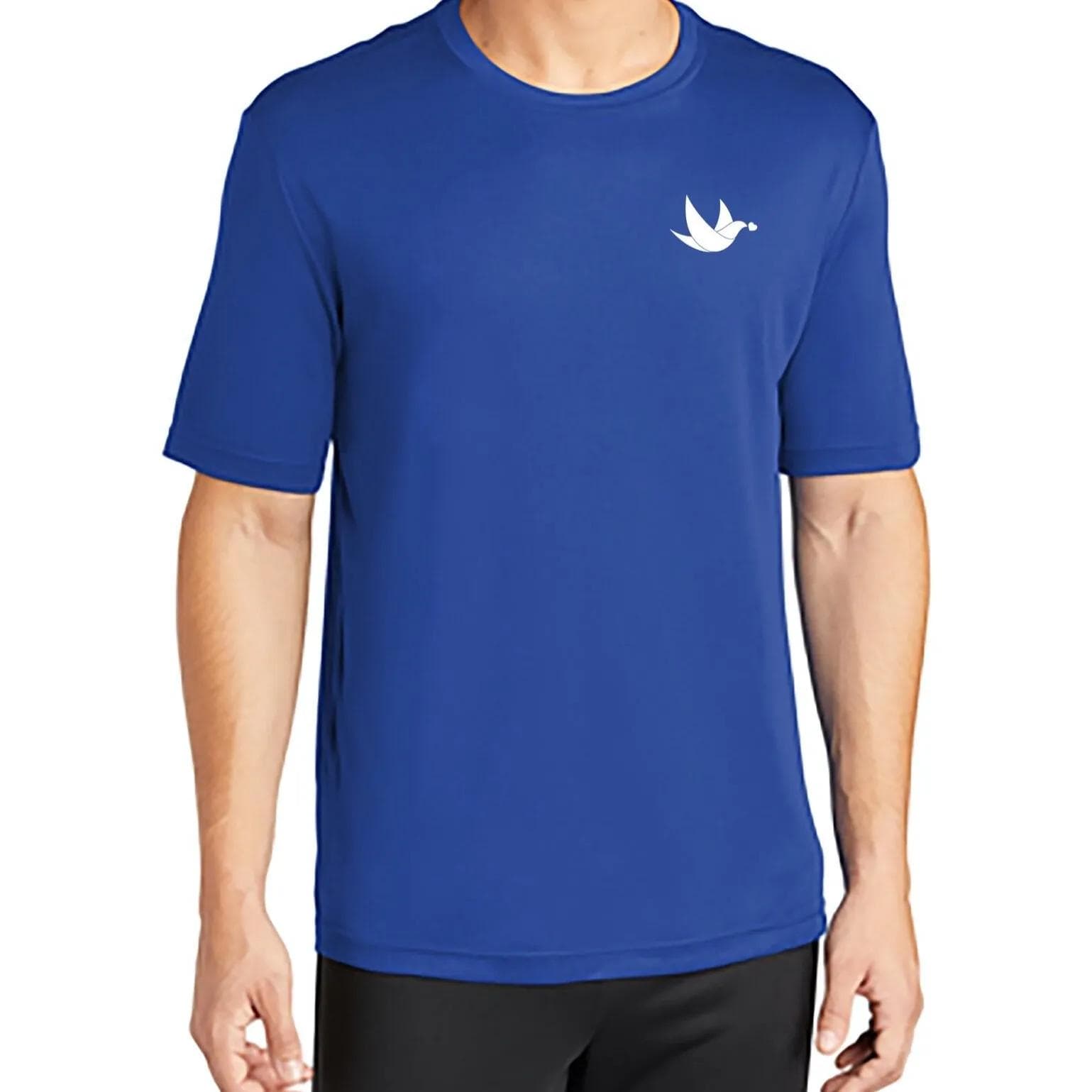Blue The Source of Hope t-shirt with a small white dove logo on the chest, short sleeves, and a classic crew neck fit.